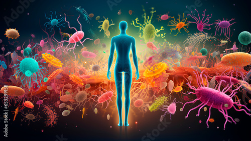 Representation of the human microbiota and microbiome, the bacteria and microorganisms that we have on our body.  