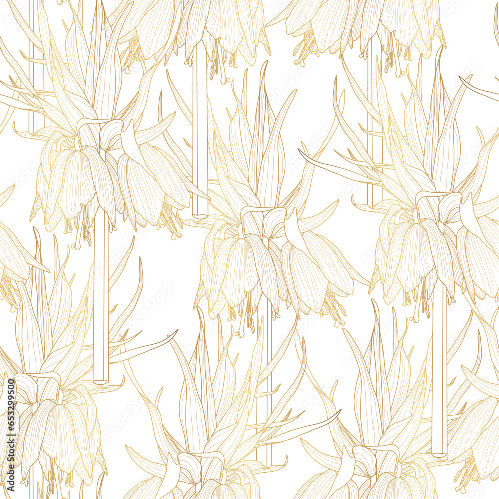Seamless pattern with golden line flower imperial fritillary (Fritillaria) illustration. - obrazy, fototapety, plakaty 