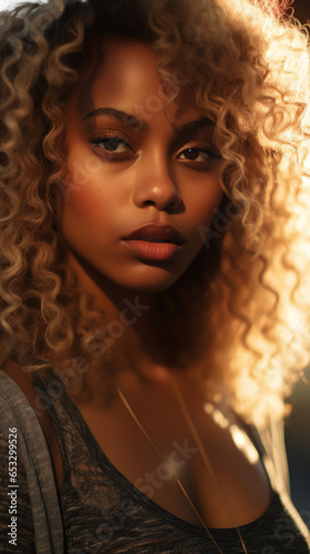 Portrait of Stunning Young Black Woman with Blond Hair Captured in Golden Hour and Natural Light, High-Quality Beauty Photography