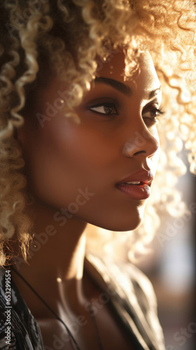 Portrait of Stunning Young Black Woman with Blond Hair Captured in Golden Hour and Natural Light, High-Quality Beauty Photography