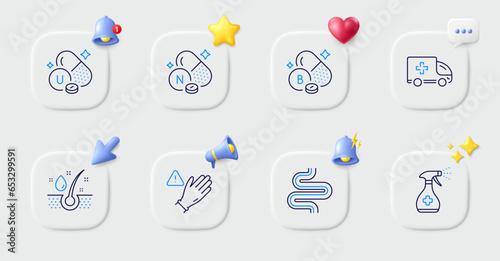 Boron mineral, Vitamin u and Serum oil line icons. Buttons with 3d bell, chat speech, cursor. Pack of Intestine, Vitamin n, Ambulance emergency icon. Use gloves, Medical cleaning pictogram. Vector