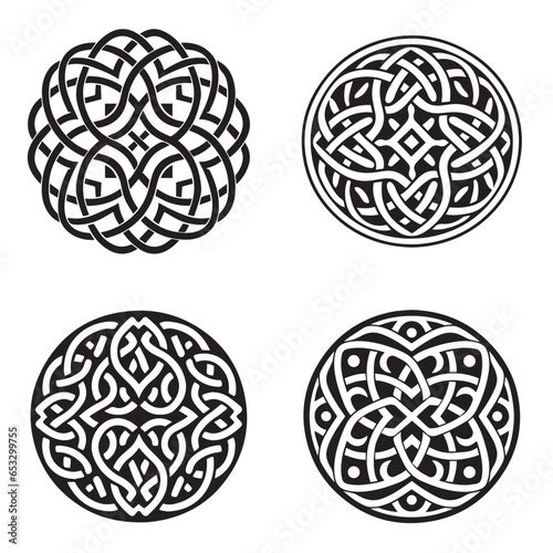 Celtic ornament circular round mandala set. Tattoo viking style collection. Adult coloring page black and white