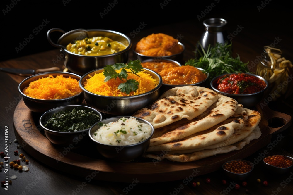 Traditional Indian dishes on the wooden table assorted Traditional Indian dishes on the wooden table assorted
