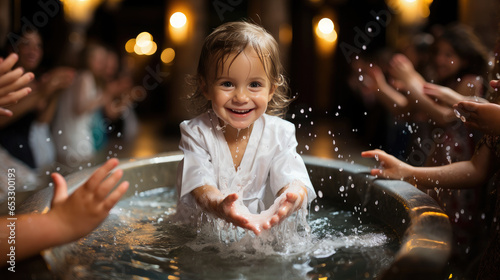 Generative AI, sacrament of baptism of a small child in a Christian temple, religious traditional rite, ablution, Catholicism, Orthodoxy, church, cathedral, priest, family, baby, boy, girl, holy water
