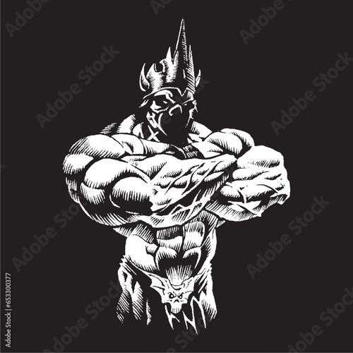 Monster King or Jinn havy body builder standing crown on head and Fancy Horror Underwear the Evil Davil Ediable Artwork design for t-shirt design and multipurpose use photo