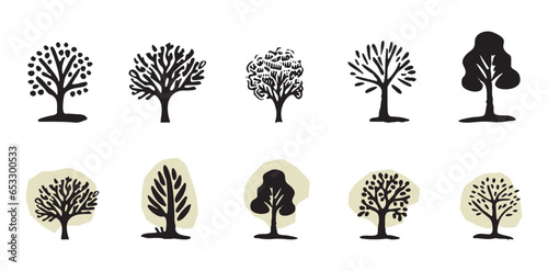 Quirky forest tree design collection vector organic style. Color blob woodland arbor for outdoor whimsical linocut set
