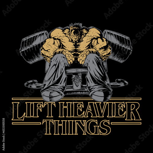 Lift Heavier Things writing with heavier body builder sitting on a chair with heavy dumbles - grey and golden on black background editable best for t shirts and other items
