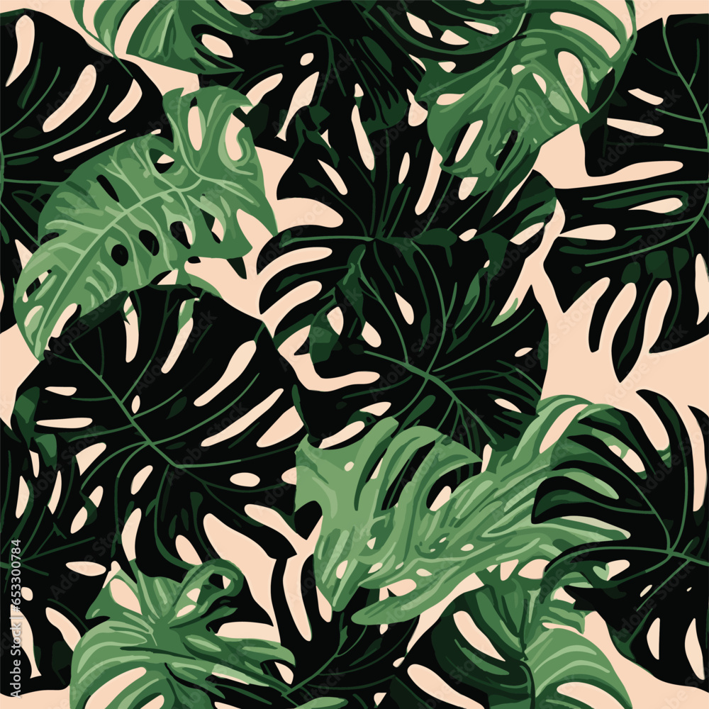 Fototapeta Monstera leaf seamless pattern, hand drawn tropical botanical, spring and Summer time, green style, natural ornaments for textile, fabric