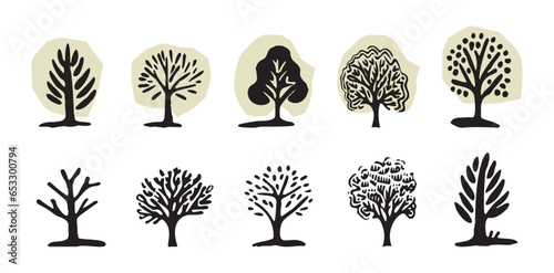 Quirky forest tree design collection vector organic style. Color blob woodland arbor for outdoor whimsical linocut set