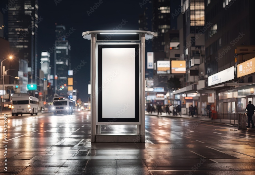 Obraz na płótnie Blank white vertical digital billboard poster on city street bus stop sign at night, blurred urban background with skyscraper w salonie