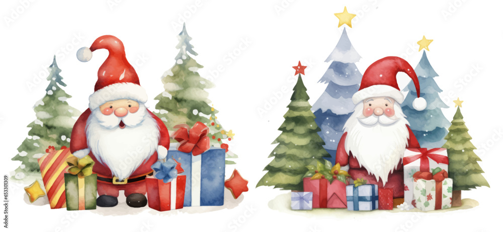 Watercolor illustration Christmas gnome with Christmas. Santa claus and christmas tree. Vector illustration