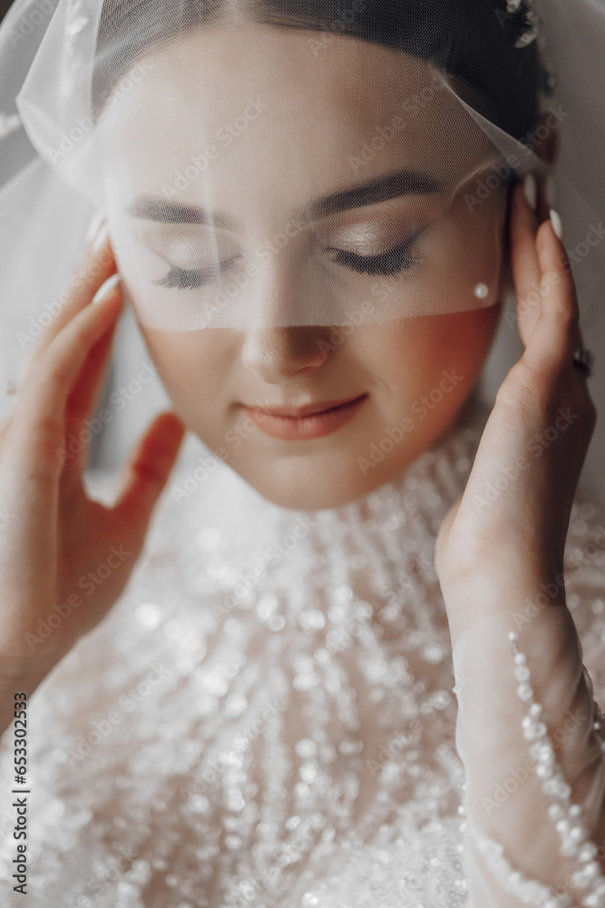 Wedding portrait. The bride in an elegant wedding dress poses wrapped in a veil. Morning of the bride. Beautiful hair and makeup Wedding portrait. The bride in an elegant wedding dress poses wrapped in a veil. Morning of the bride. Beautiful hair and makeup