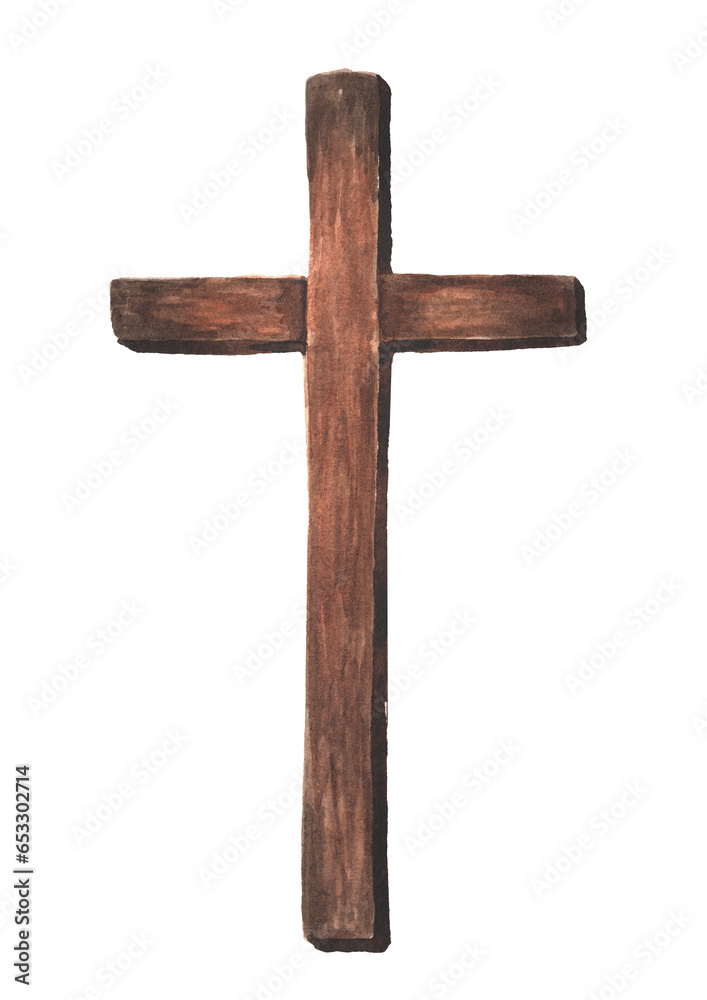 Wooden catholic cross. Hand drawn watercolor illustration isolated on white background