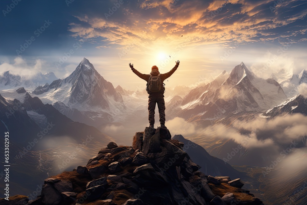 The mountaineer standing on a mountaintop with his arms celebrating the success  - obrazy, fototapety, plakaty 