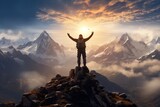 The mountaineer standing on a mountaintop with his arms celebrating the success 