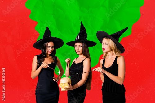 Creative trend collage of three attractive girls witches hold magic wands human head skull halloween costumes party promo concept