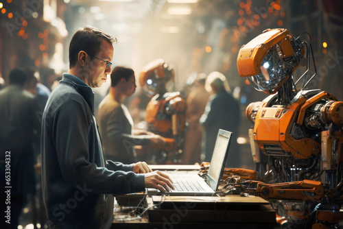 Engineer trying to communicate with robot AI via computer