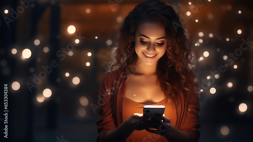 portrait of a woman using a phone smiling hapily at night 