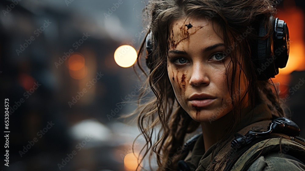 A girl in military operations. A ruined building in the background. A girl in military operations. A ruined building in the background.