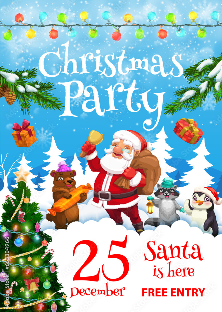 Christmas party flyer. Santa with jingle bell and animal characters. Vector invitation poster template with Father Noel and funny bear, raccoon or penguin New Year and Xmas personages in forest Christmas party flyer. Santa with jingle bell and animal characters. Vector invitation poster template with Father Noel and funny bear, raccoon or penguin New Year and Xmas personages in forest