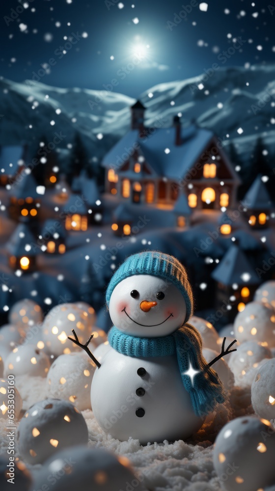 Snowman with Mountains and Houses in the Night Background Snowman with Mountains and Houses in the Night Background