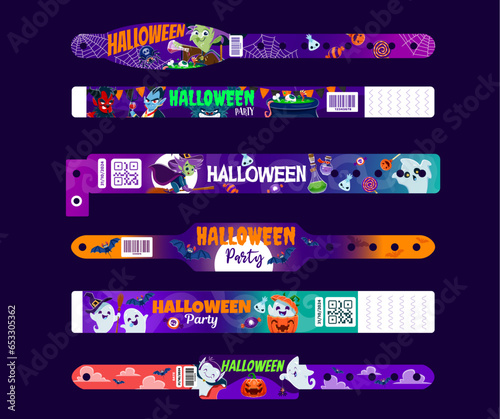 Halloween holiday party paper bracelets and hand wristband mockups set. Vector bewitching assortment of themed armlets for creepy soiree, identifying guests and adding touch of spooky spirit to event