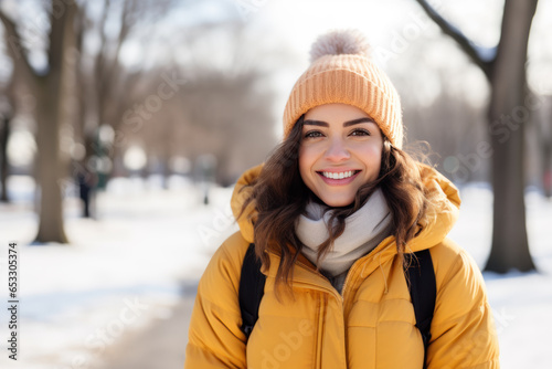 Brunette woman doing outdoors activity at snowy park in winter