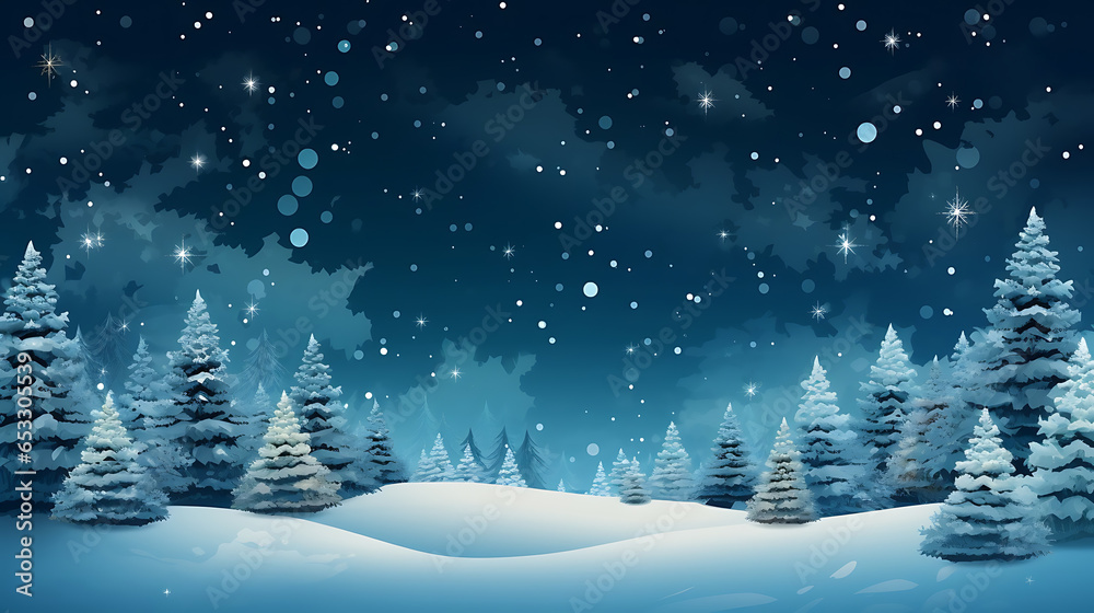 Cute Blue Christmas Background with white snow landscape and dark blue sky 