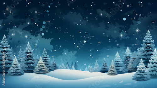 Cute Blue Christmas Background with white snow landscape and dark blue sky  © M
