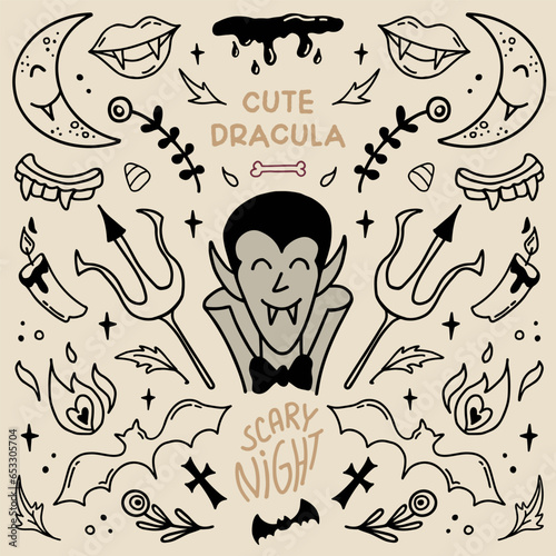Halloween vintage vector illustration with dracula, vampire, bat and crescent. Symmetrical style graphic. Perfect for a social media post, prints, poster, cover or postcard.
