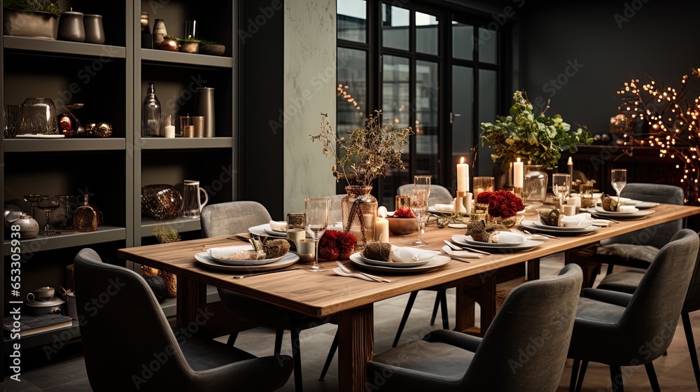Modern Festive Christmas Dinner: Lavishly Decorated Table for Family Celebration on Christmas Eve in 8K created with generative ai technology Modern Festive Christmas Dinner: Lavishly Decorated Table for Family Celebration on Christmas Eve in 8K created with generative ai technology
