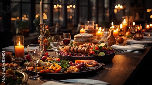 Modern Festive Christmas Dinner: Lavishly Decorated Table for Family Celebration on Christmas Eve in 8K created with generative ai technology © Digital Vision Lab