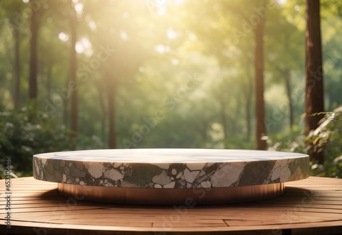 Empty circular marble podium in middle of bokeh forest background © MochSjamsul
