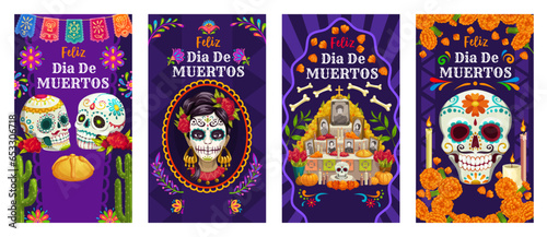 Day of the Dead Dia De Los Muertos mexican holiday social media banners, vector Mexico Halloween. Cartoon sugar skulls, ofrenda altar and Catrina Calavera with marigold flowers, candles, papel picado photo