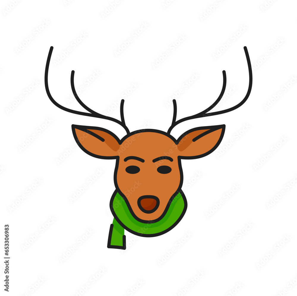 Fototapeta premium Face of Christmas holy deer in green scarf isolated line icon. Vector festive Xmas animal, retro reindeer New Year holidays symbol