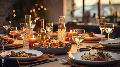 Modern Festive Christmas Dinner: Lavishly Decorated Table for Family Celebration on Christmas Eve in 8K created with generative ai technology
