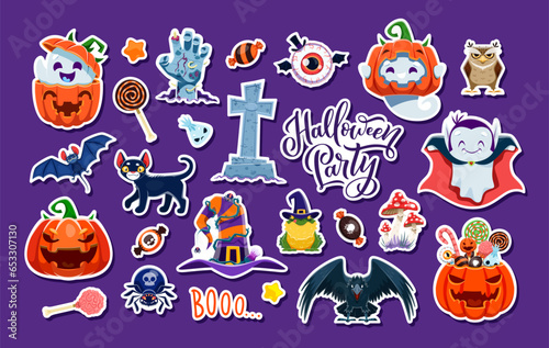 Halloween stickers vector set. Cartoon ghost, pumpkin, zombie hand and eyeball. Owl, candies, bat and black cat. Witch hat, crow, frog and amanita mushrooms. Spider, spook vampire, boo word, tomb