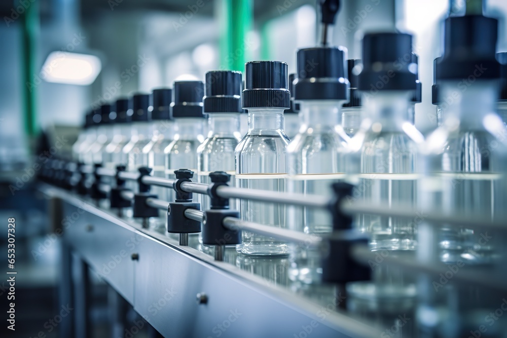 Close-up shot of Pharmaceutical machine working pharmaceutical glass bottles production line