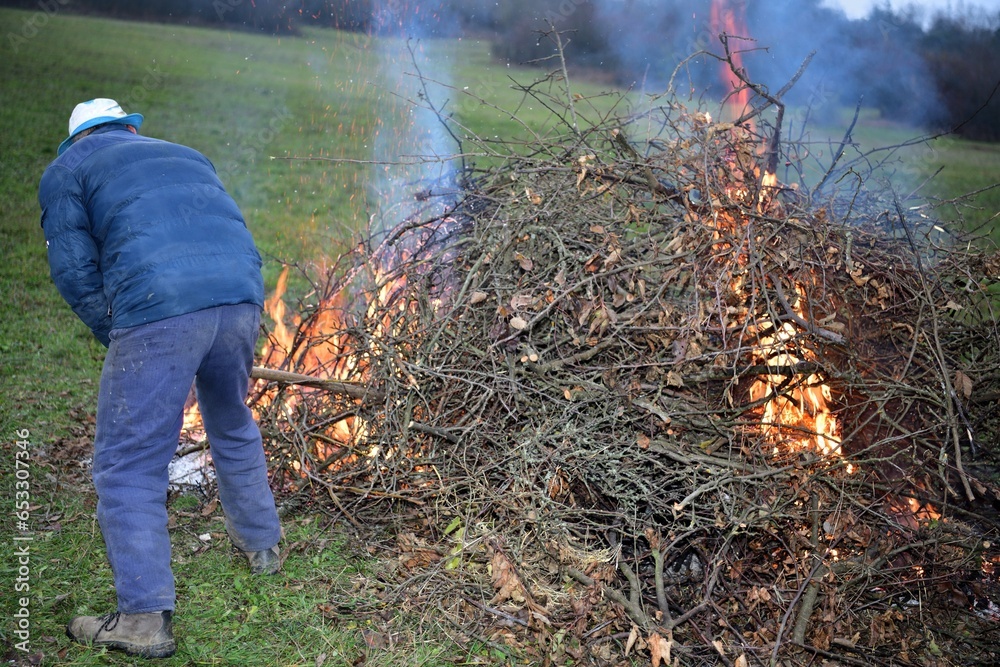 Burning of waste branch in the garden autumn tradition