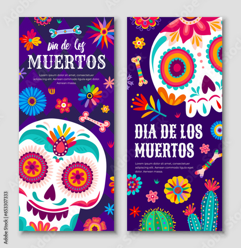 Day of the Dead Dia De Los Muertos mexican holiday banners of cartoon sugar skulls with flowers pattern. Vector calavera skulls, bones, cactus and marigolds, Mexico Halloween greeting cards set