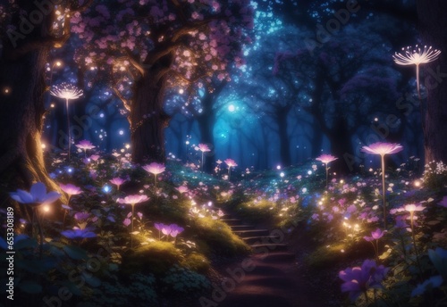 Fantasy forest at night, magic glowing flowers in fairytale wood