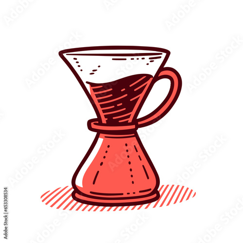 Pour Over vector icon in minimalistic, black and red line work, japan web