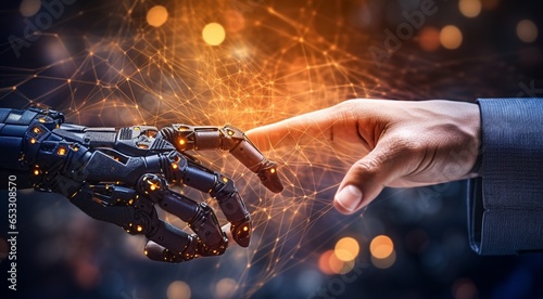 close-up of AI robot hand, AI robot hand on technology background, bionic robots hand close up, half human half robotic hand #653308570