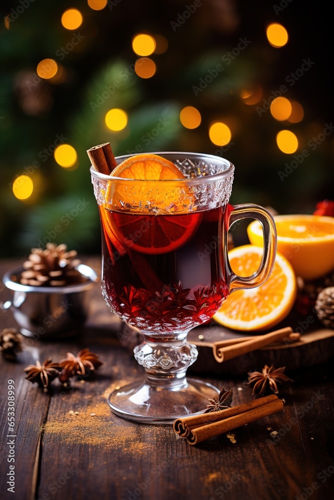 Christmas mulled red wine with spices and oranges on a wooden rustic table. Traditional hot drink at Christmas Christmas mulled red wine with spices and oranges on a wooden rustic table. Traditional hot drink at Christmas