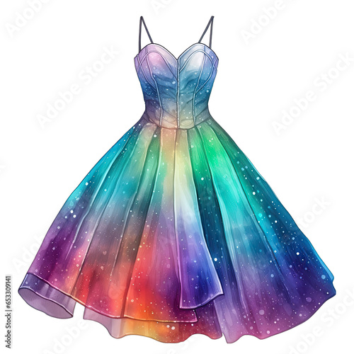 Colorful rainbow glitter women's fancy dress, isolated. Transparent background