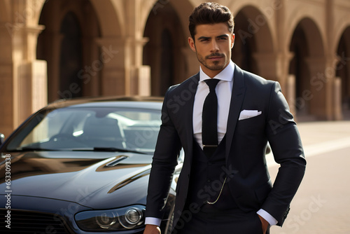 the aesthetics of old money. a handsome middle-aged man on the background of cars © artem