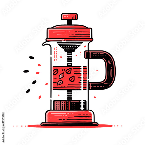 Coffee Infuser vector icon in minimalistic, black and red line work, japan web