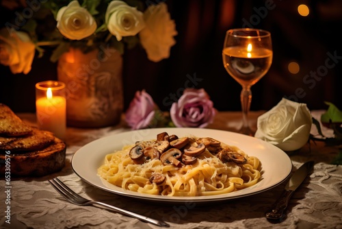 A romantic dinner scene with Mushroom Carbonara served on an elegantly set table, lit by candlelight, creating a romantic and intimate ambiance