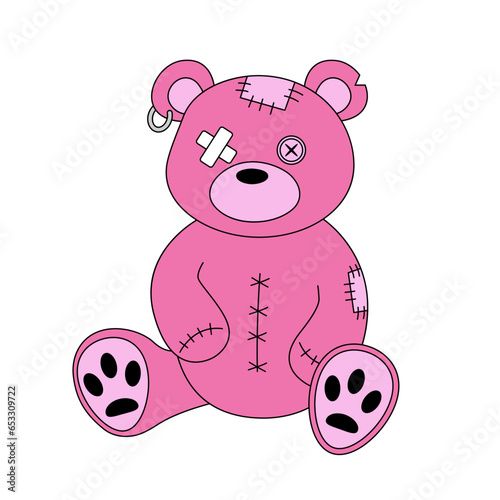 Old plush bear toy with seams, patches and button eye. Emo goth style. Y2k gothic animal doll. Pink and black color concept. Vector illustration