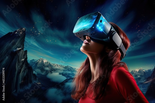 a girl with virtual reality glasses on another planet, physical waves and surrealism © artem